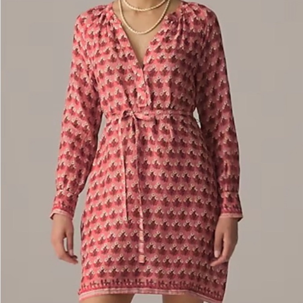 J. Crew Pink Printed V-Neck Long Sleeve Tie-Waist Dress